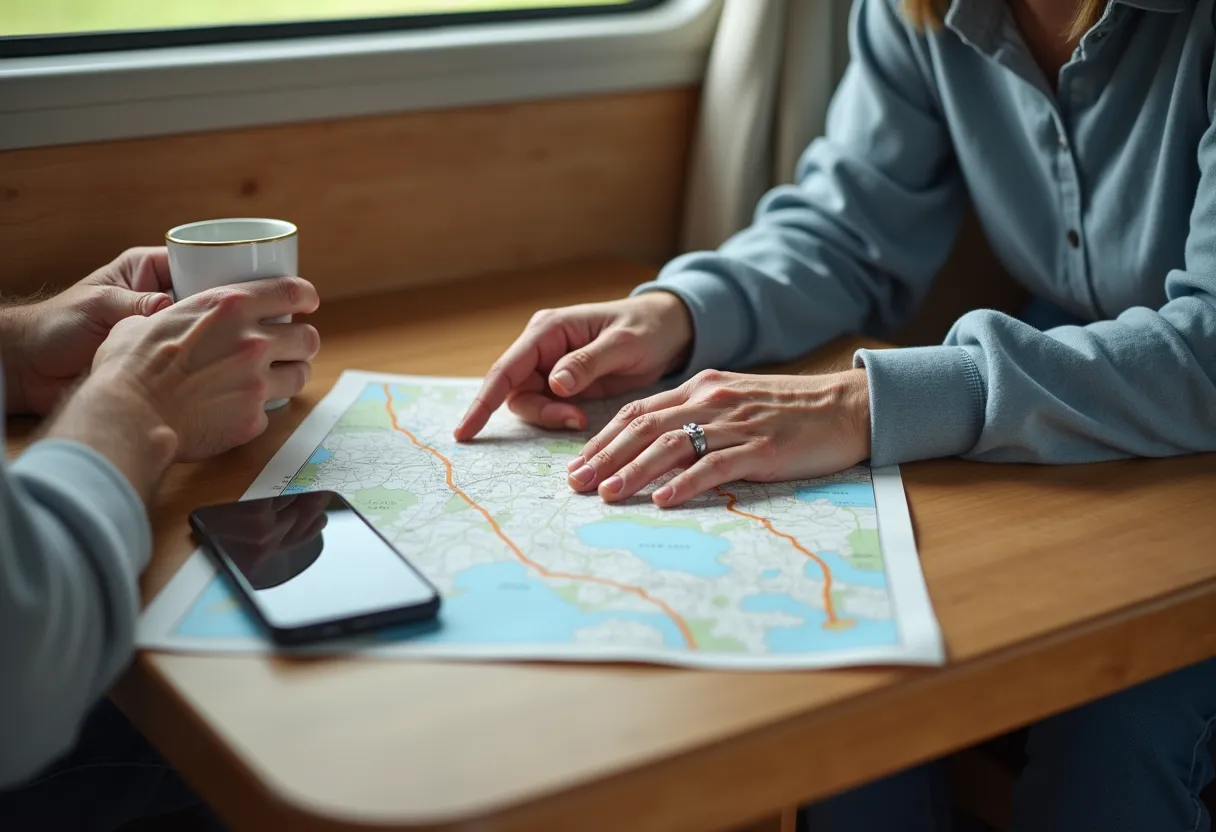 Manos sobre un mapa con una ruta marcada, dos tazas y un móvil sobre la mesa de una autocaravana
