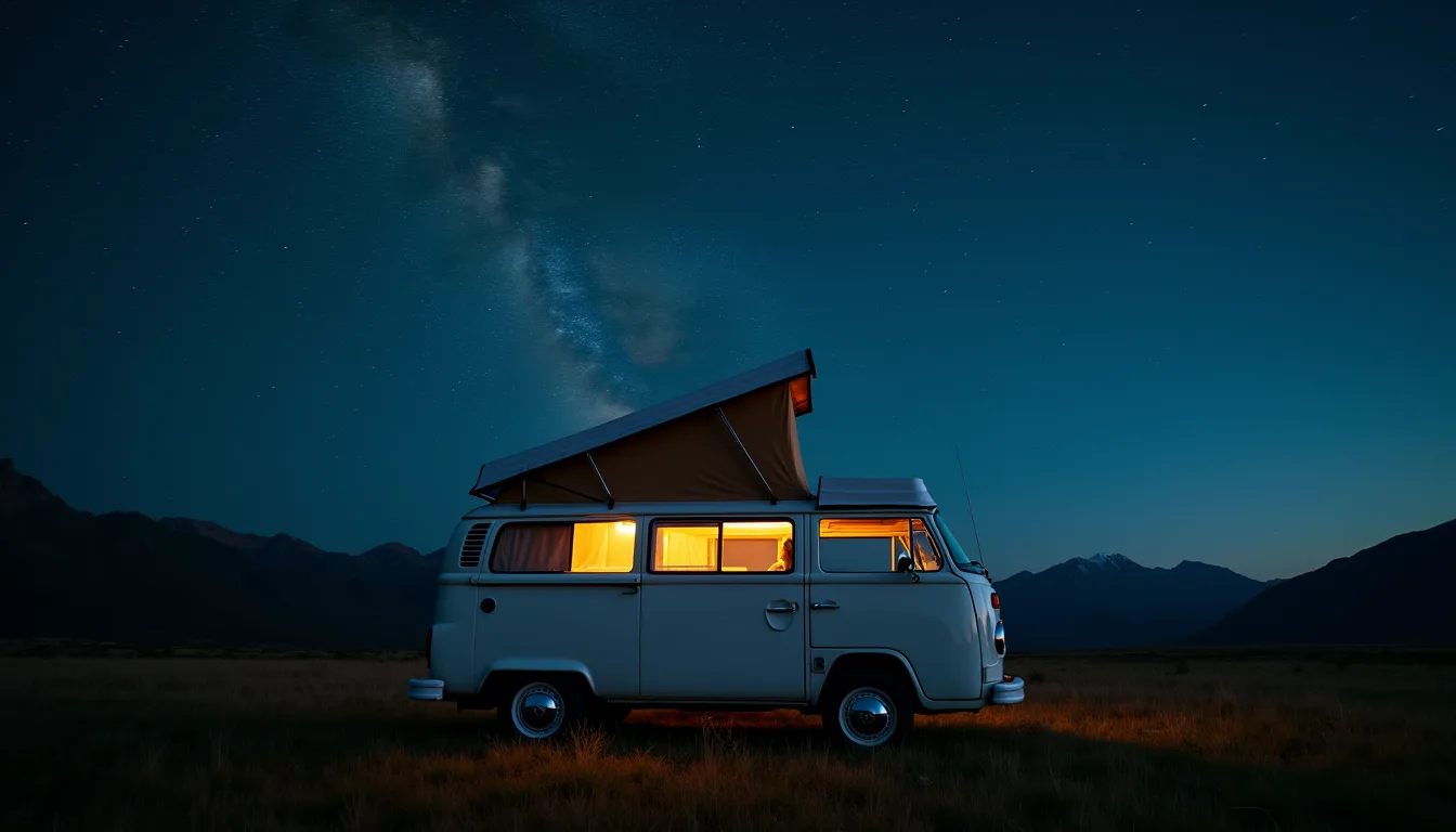 Pop-top campervan with its windows lit in a meadow, under the Milky Way with mountains behind