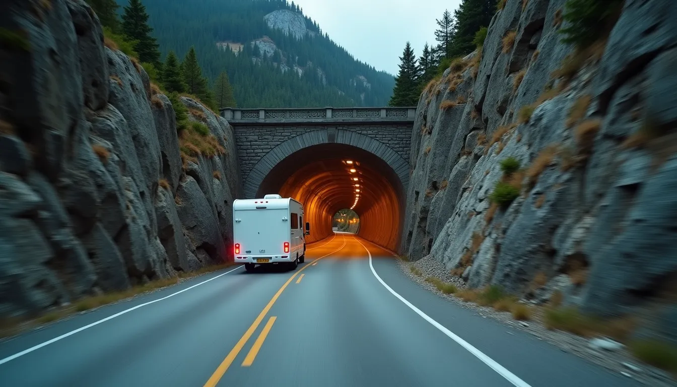 White motorhome driving into a stone tunnel with clearance above the roof