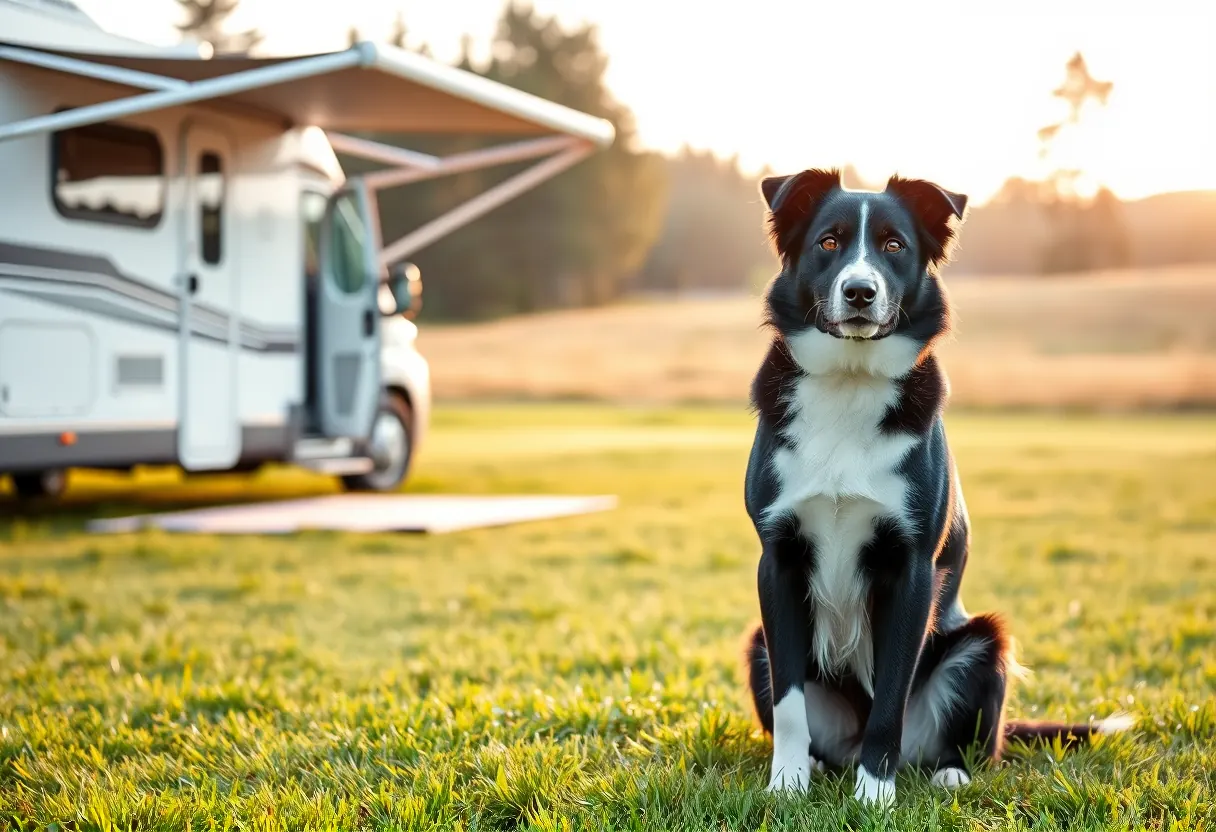 Border collie blanco y negro tumbado en la hierba delante de una autocaravana blanca con el toldo desplegado, a la luz de la tarde
