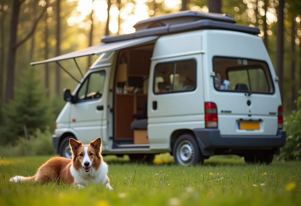 Border collie ligt in het gras naast een witte camper met open zijdeur en uitgerolde luifel, op een open plek in het bos